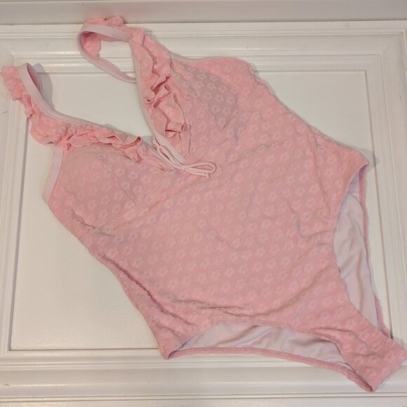 SHEIN Swim Pink Flower Ruffle High Leg Adjustable Strap - Size 2XL - Picture 1 of 4